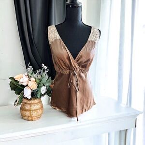 White House Black Market 100% Silk Top with Lace Trim